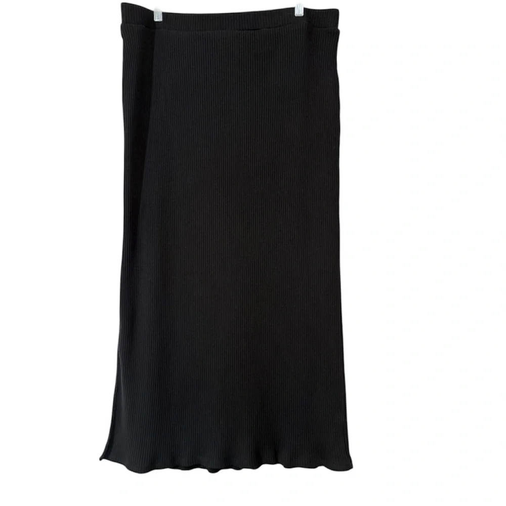 Old Navy Black Ribbed Midi Skirt XL Side Slit Stretch Pull On Knit
